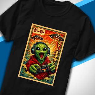 Camiseta Japonês Retro Vintage OVNI Alien Divertido Gamer