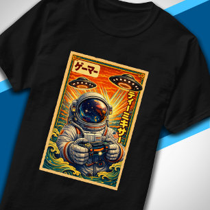 Camiseta Japonês Retro Vintage OVNI Astronauta Divertido Ga