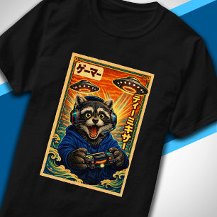 Camiseta Japonês Retro Vintage OVNI Guaxinim Divertido Game