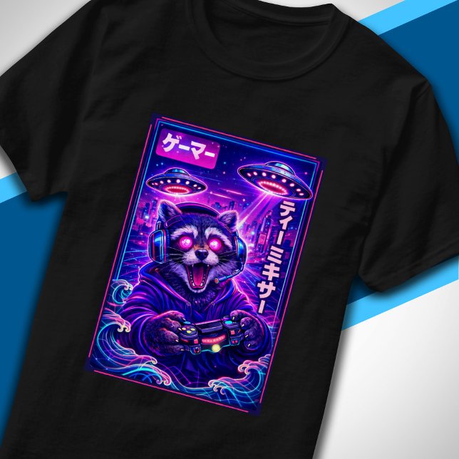 Camiseta Japonês Synthwave Ficção Científica OVNI Guaxinim  (Criador carregado)