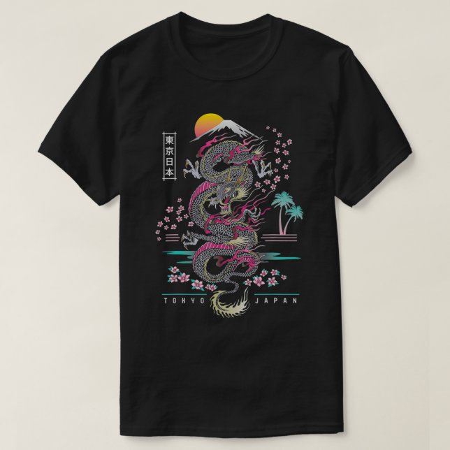 Camiseta Japonês Tokyo Dragon Asian inspirou Neon Retro 80 (Frente do Design)