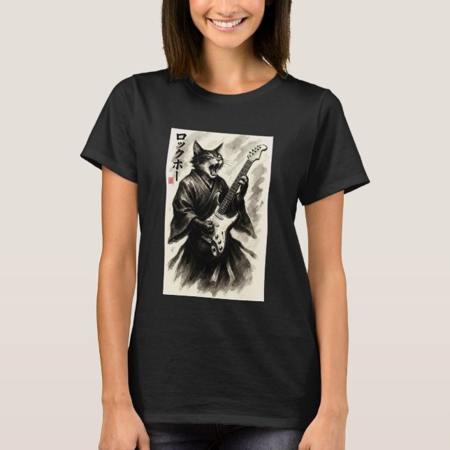 Camiseta Japonesa de Guitarra com Gato Samurai em  (Frente)