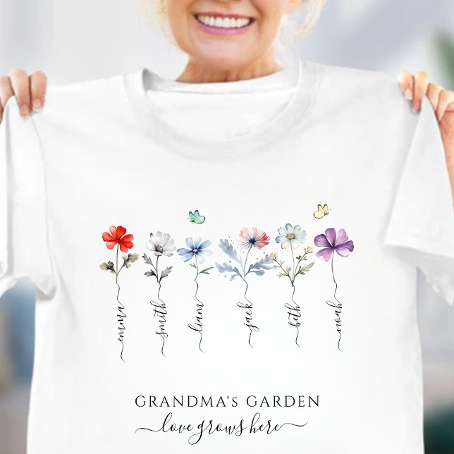 Camiseta Jardim da vovó com nomes de netos Watercolor (Criador carregado)