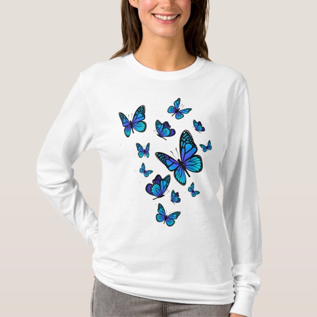 Camiseta Jardim de Arte da Borboleta Azul Lindas Borboletas (Frente)