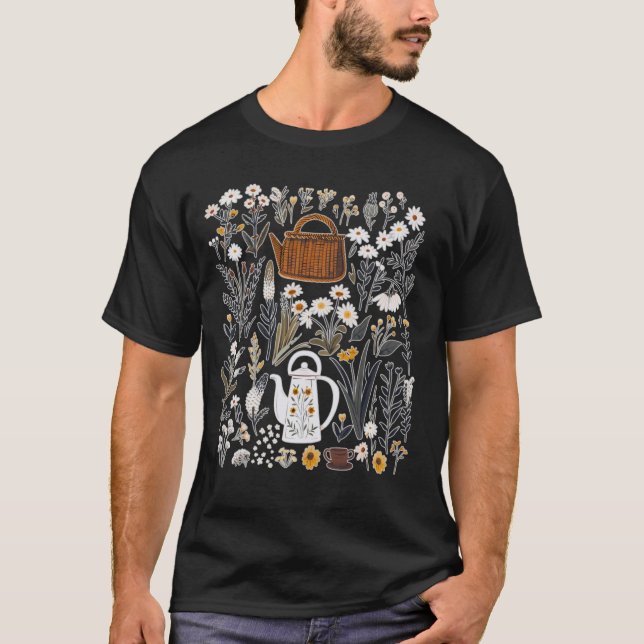 Camiseta Jardim de Chá Botânico Desenho Floral Rústico (Frente)