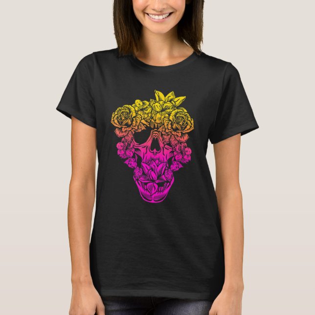 Camiseta Jardim de Flores Belo Crânio de Morte Composto (Frente)