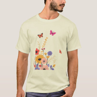 Camiseta Jardim de Flores Silvestres & Borboletas Folk Art 