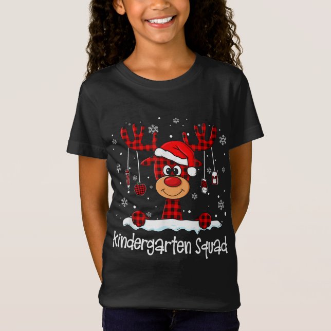 Camiseta Jardim de Infância Xadrez Reindeer Santa Hat Teach (Frente)