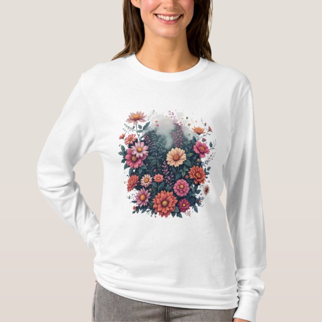 Camiseta Jardim Encantado - Buquê Floral Colorido com Mães (Frente)