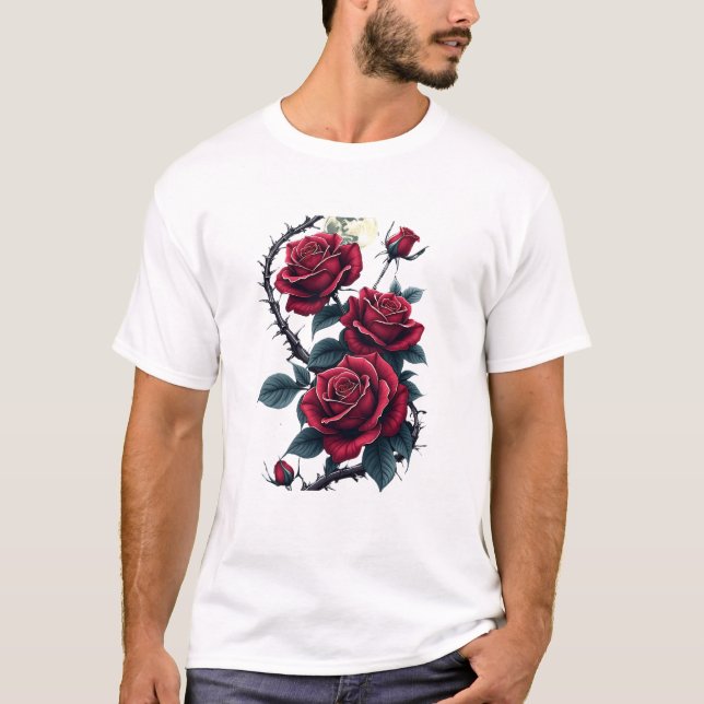 Camiseta Jardim Gótico-Rosa - Florais Românticos Escuros (Frente)