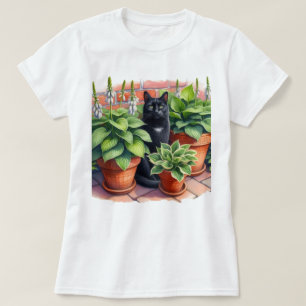 Camiseta Jardim Hosta e Aquarela de Gato Preto