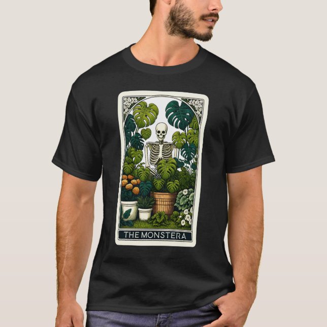 Camiseta Jardinagem do Esqueleto da Placa Tarot Monstera (Frente)