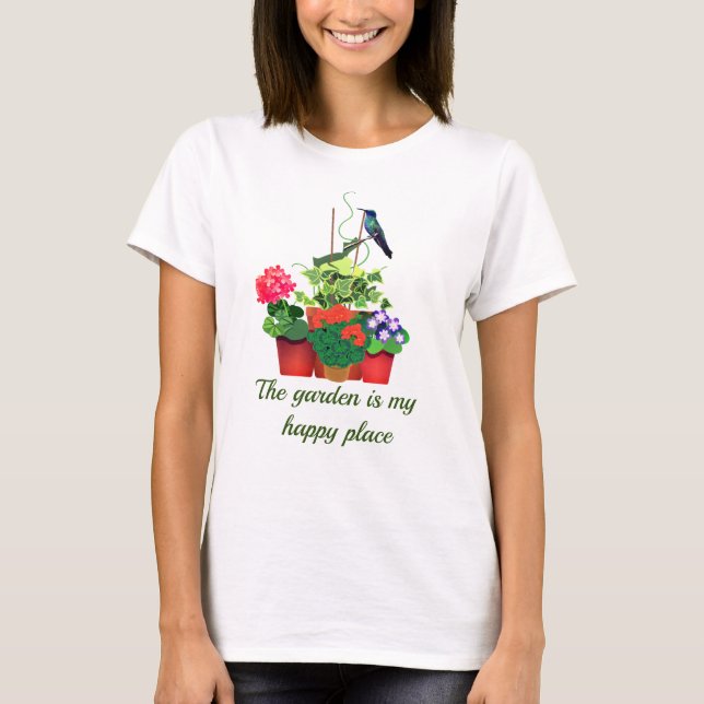 Camiseta Jardinagem Feliz / Jardim de Flores com Beija-flor (Frente)