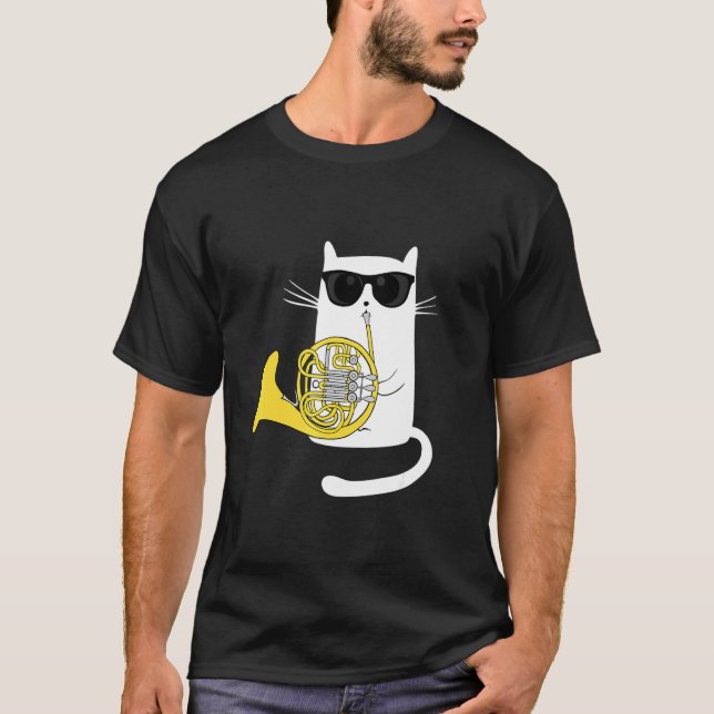Camiseta Jazz Cat Playing French Horn Hippy Hipster Kitty (Frente)