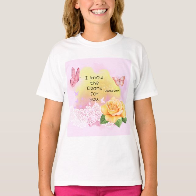 Camiseta Jeremiah 29:11 Bíblia Verso Borboleta Amarela Rosa (Frente)