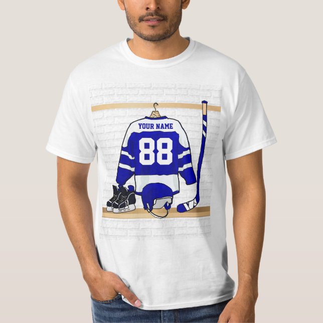 Camiseta Jérsei azul e branco personalizado do hóquei em (Frente)