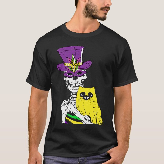 Camiseta Jester Hat Skeleton Cat Mardi Gras Bones Carnival  (Frente)