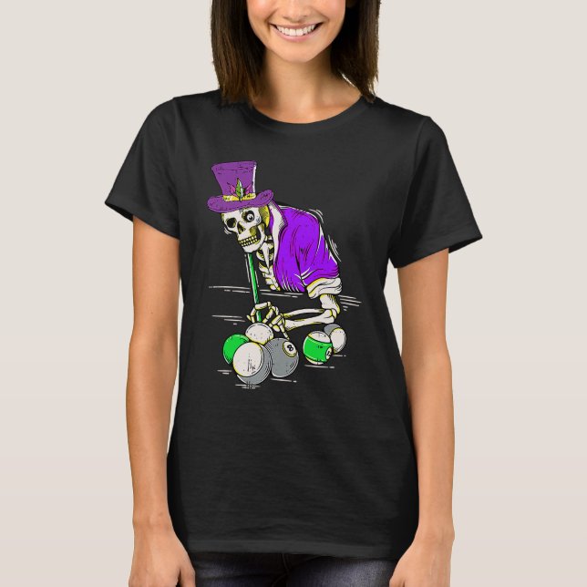 Camiseta Jester Skeleton Billiard Player Mardi Gras Cool Po (Frente)