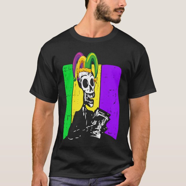 Camiseta Jester Skeleton Reading Book Mardi Gras Reader Boo (Frente)