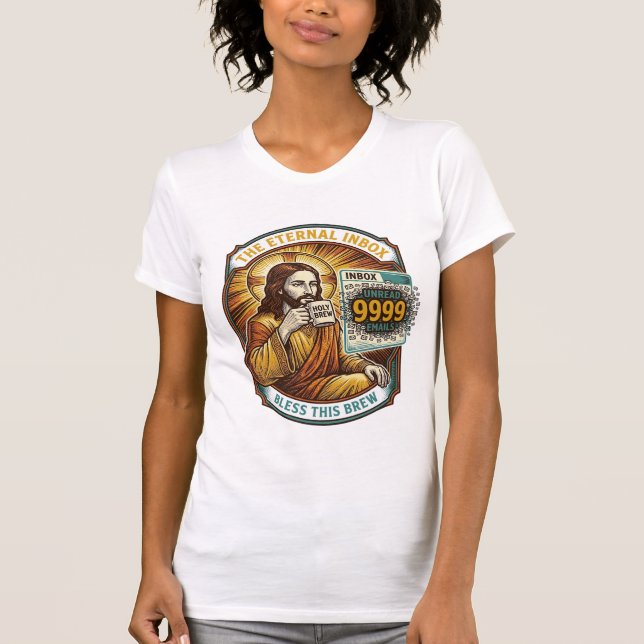 Camiseta Jesus 9999 E-mails Não Lidos Caixa de Entrada Zero (Frente)