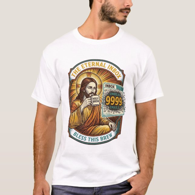 Camiseta Jesus 9999 E-mails Não Lidos Caixa de Entrada Zero (Frente)