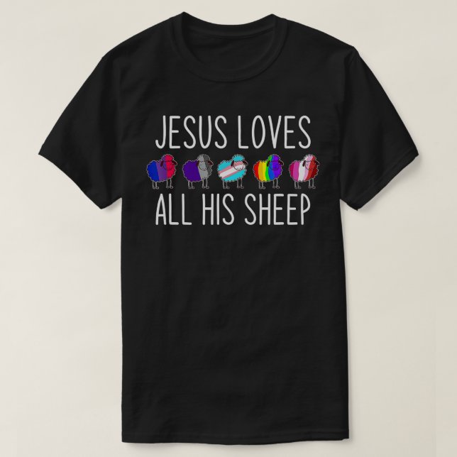 Camiseta Jesus Ama Todos Os Seus Jesus Cristão LGBT Ovinos  (Frente do Design)