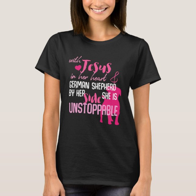 Camiseta Jesus And German Shepherd Dog By Side And Heart (Frente)