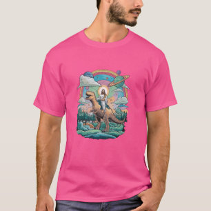 Camiseta Jesus Andando no Espaço T-Rex Dinossauro Meme Sci-
