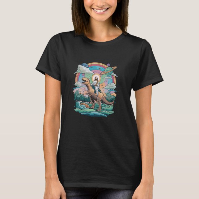 Camiseta Jesus Andando no Espaço T-Rex Dinossauro Meme Sci- (Frente)
