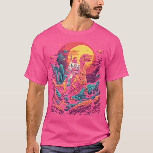 Camiseta Jesus Andando No Espaço T-Rex Dinossauro Meme Sci- (Frente)