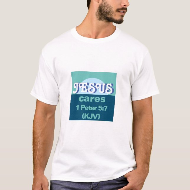 Camiseta Jesus Cares. 1 Peter 5:7 (KJV) - Ocean Blue - (Frente)