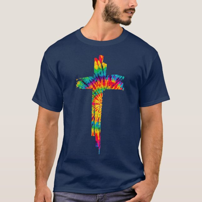 Camiseta Jesus Christian Cross Tie Dye Rainbow Religião (Frente)