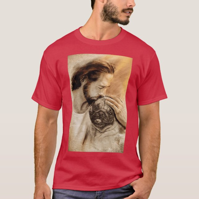 Camiseta Jesus Com Cachorro Pug Amante de Cachorro Pug (Frente)
