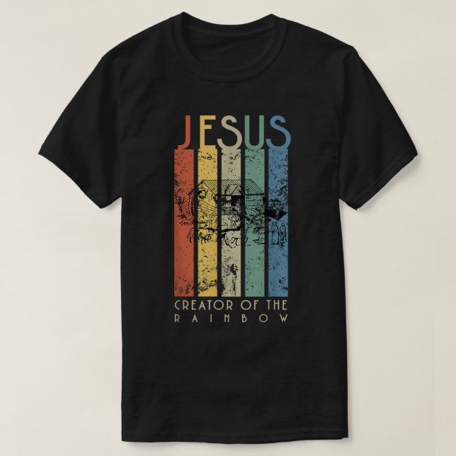 Camiseta JESUS Criador do Arco-Íris Noé e Arca (Frente do Design)