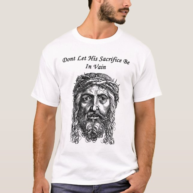 Camiseta Jesus Cristo Face Sacrifica bíblia Citação (Frente)