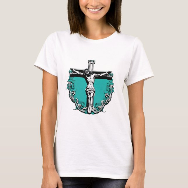Camiseta Jesus Crucificação Páscoa Teal de Natal (Frente)