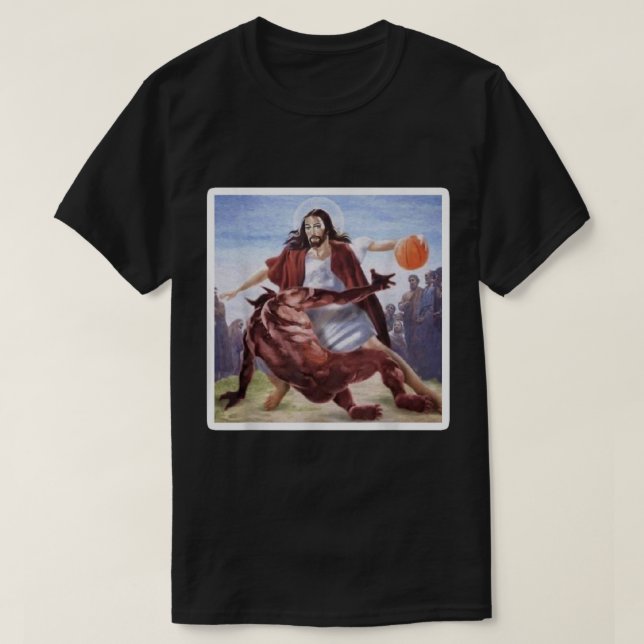 Camiseta Jesus cruzando o basquete de Satã (Frente do Design)