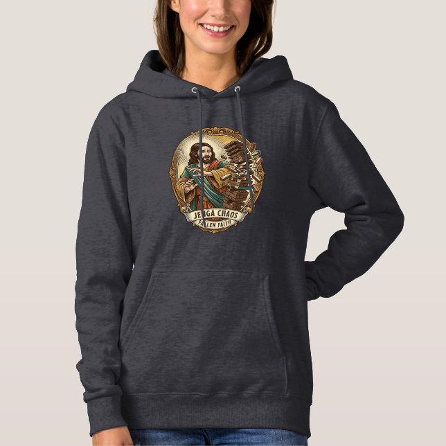 Camiseta Jesus Derrubando Torre de Jenga no Jogo da Festa H (Frente)