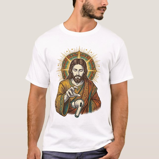 Camiseta Jesus Derrubou Fone de Ouvido Sem Fio Debaixo da M (Frente)