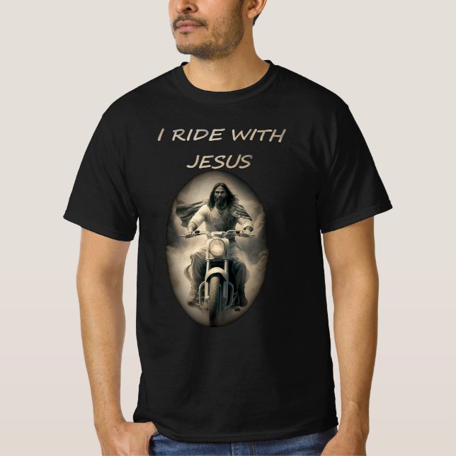 Camiseta jesus dirige um motociclo de harley (Frente)