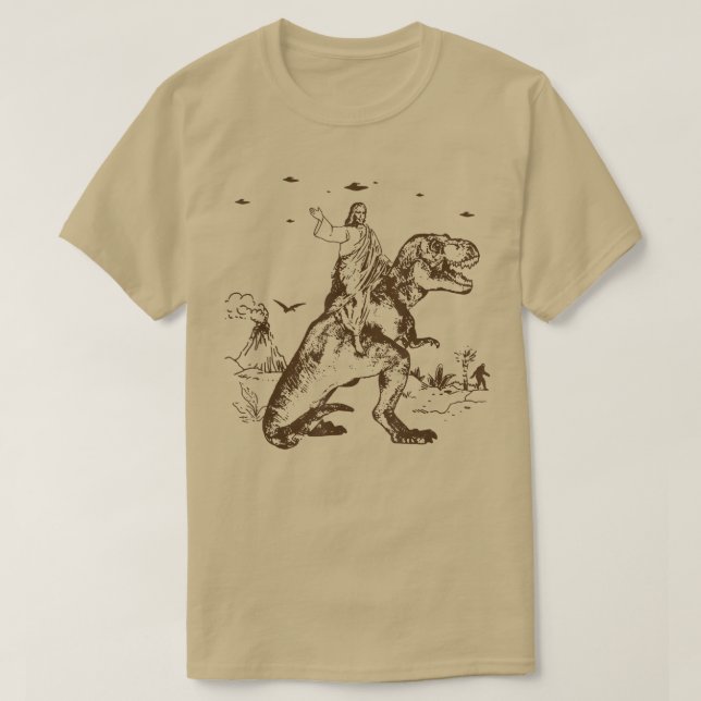 Camiseta Jesus Dirigindo Um Dinossauro Engraçado Abdução De (Frente do Design)