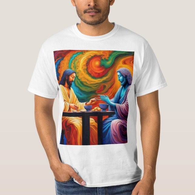 Camiseta Jesus e Buda compartilham uma refeição (Frente)