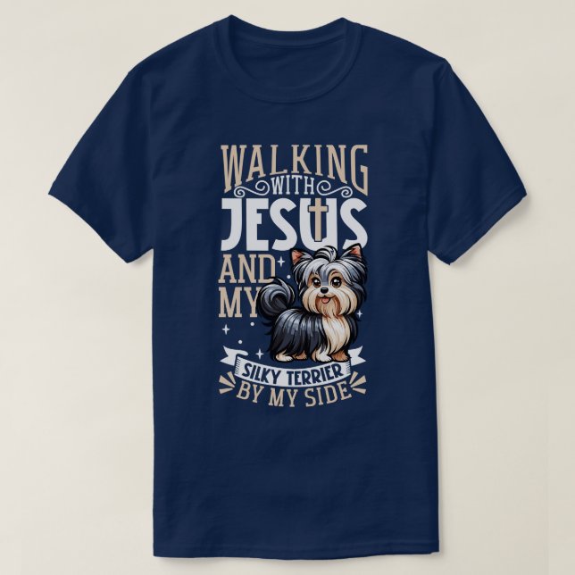 Camiseta Jesus e cão, australiano Silky Terrier (Frente do Design)