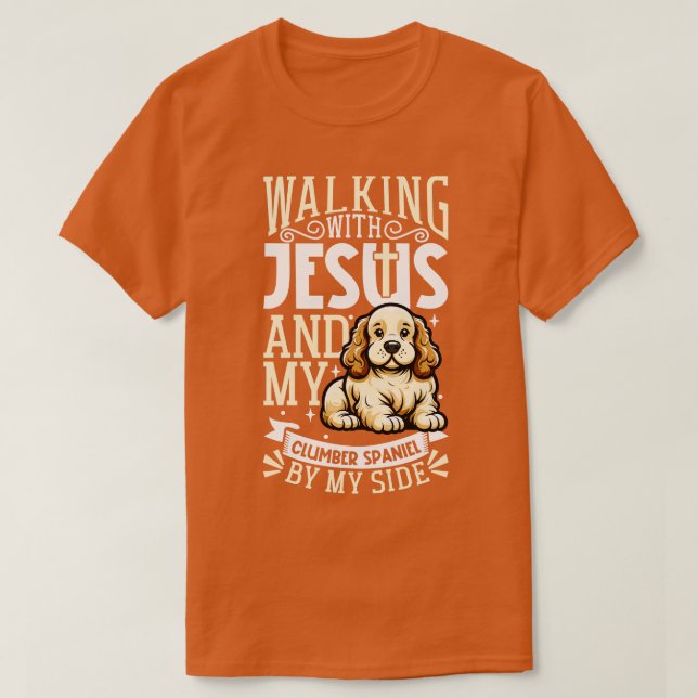 Camiseta Jesus e cão Clumber Spaniel (Frente do Design)