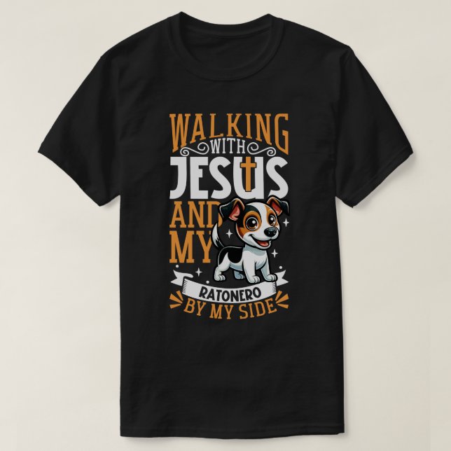 Camiseta Jesus e cão Ratonero Bodeguero Andaluz (Frente do Design)