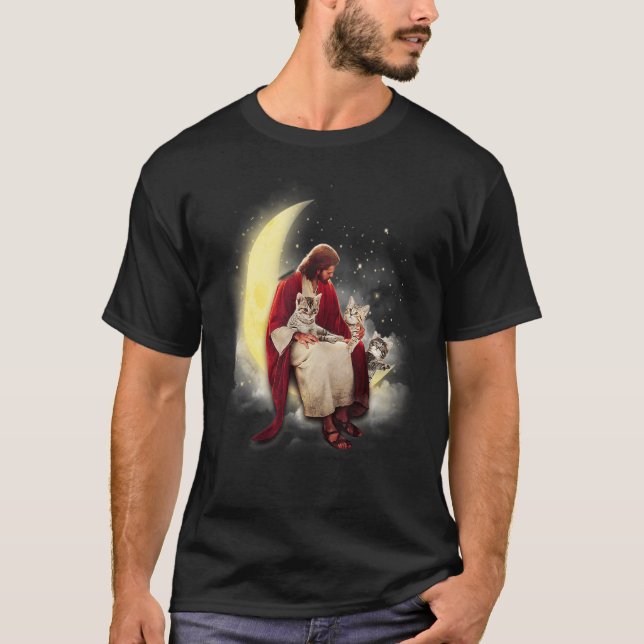 Camiseta Jesus e Gatos bonitos sentam-se na lua para o Gato (Frente)
