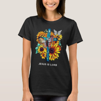 Camiseta Jesus é Lorde Cross Sunflower Borboletas Christi