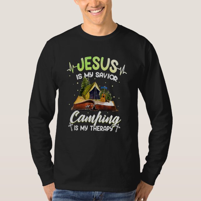 Camiseta Jesus é meu salvador acampando é minha terapia (Frente)