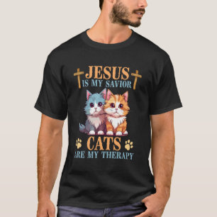 Camiseta Jesus é Meu Salvador Gatos Minha Terapia Engraçado