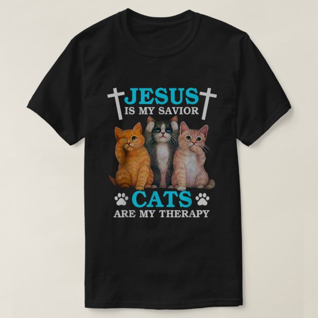 Camiseta Jesus é meu salvador os gatos são minha terapia cr (Frente do Design)